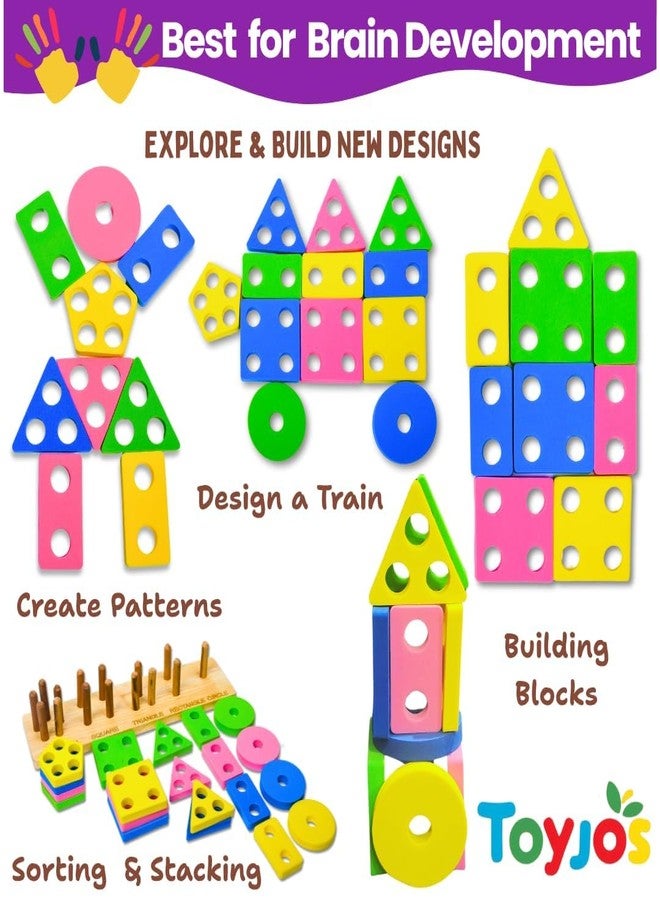TOYJOS Kids Wooden Pattern Block Educational Toy Set | Multicolor Angle Geometric Shape Sorter and Stacking Puzzle Game | Montessori Learning Toy for Preschool Boys and Girls (Ages 1 to 5 Years) - Image 5